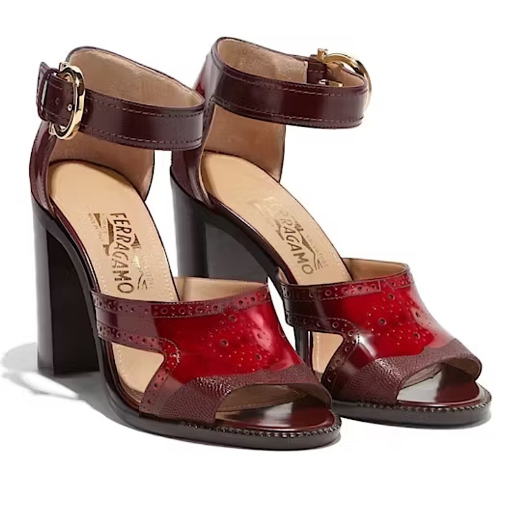 Salvatore Ferragamo Naula cherry Leather Gancini Buckle Heel Sandals Womens 5